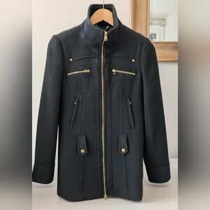 GUESS Black Quilted Herringbone Jacket with Gold Zippers, S Petite